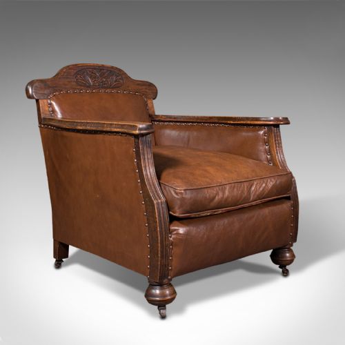 fig 1. Pair Of, Antique Gentleman's Club Chairs, Leather, Fireside, Seat, Edwardian