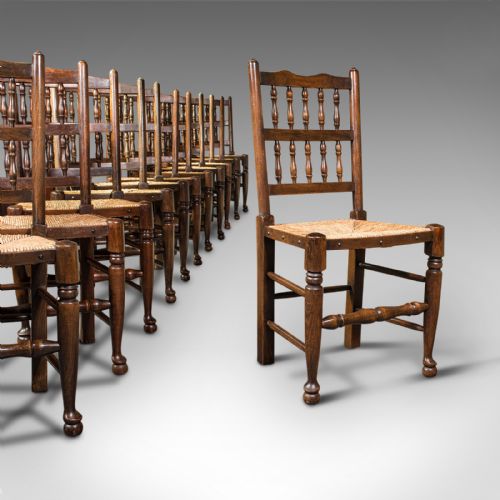 Set of 12, Antique Lancashire Chairs, Beech, Spindle Back, Seat, Edwardian, 1910