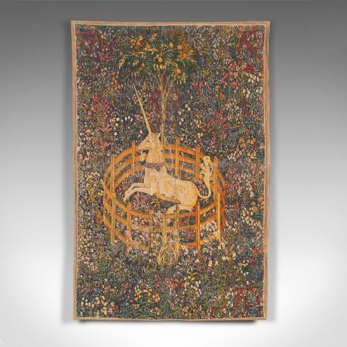 fig 1. Antique Decorative Tapestry, French, Needlepoint, Wall Covering, Unicorn, C.1920