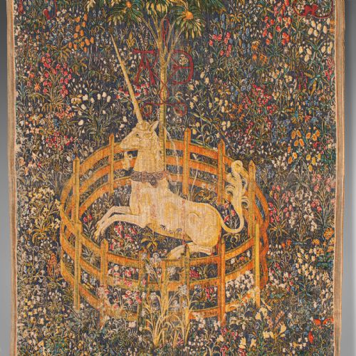 fig 3. Antique Decorative Tapestry, French, Needlepoint, Wall Covering, Unicorn, C.1920