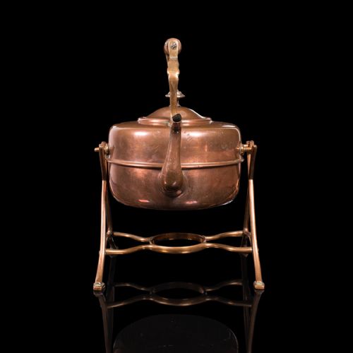 fig 1. Antique Spirit Kettle, English, Copper, Brass, Teakettle, Stand, Victorian, 1900