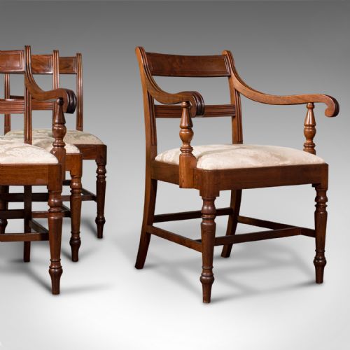 Set of 4, Antique Dining Chairs, English, Mahogany, Pair of Carvers, Regency