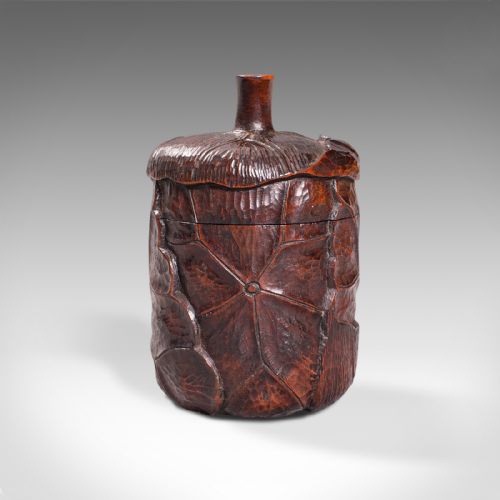 fig 1. Small Antique Lidded Pot, Oriental, Chinese Elm, Carved Treen, Victorian, C.1900