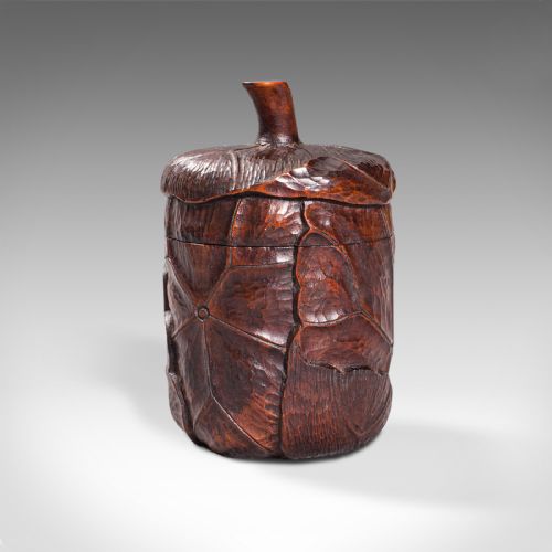fig 2. Small Antique Lidded Pot, Oriental, Chinese Elm, Carved Treen, Victorian, C.1900