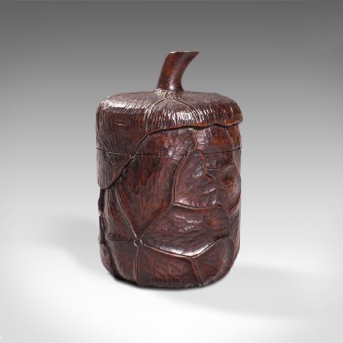 fig 3. Small Antique Lidded Pot, Oriental, Chinese Elm, Carved Treen, Victorian, C.1900