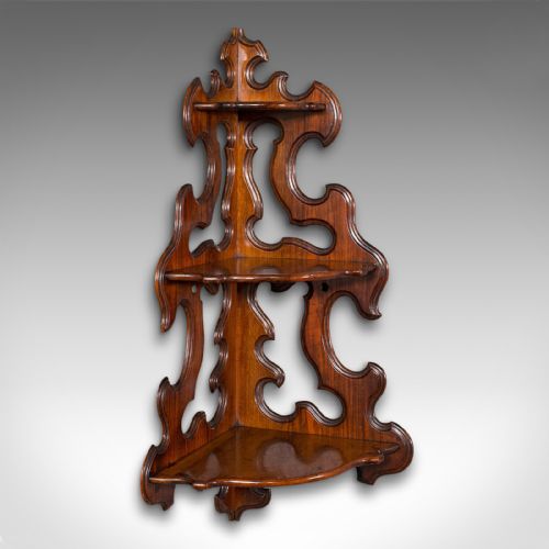 Antique 3 Tier Hanging Whatnot, English, Rosewood, Corner Wall Shelf, Victorian