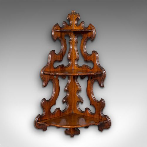 fig 1. Antique 3 Tier Hanging Whatnot, English, Rosewood, Corner Wall Shelf, Victorian
