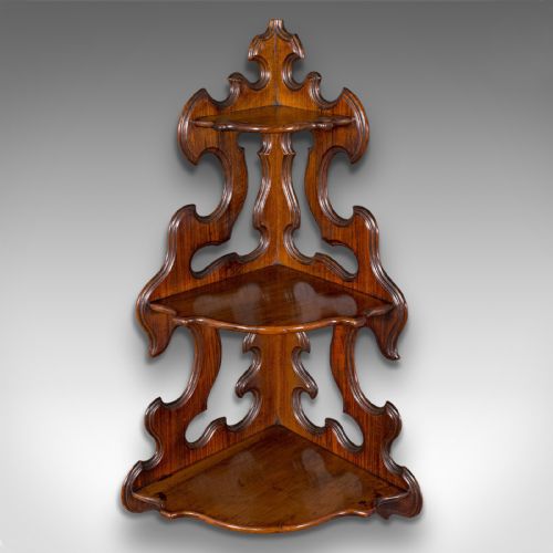 fig 2. Antique 3 Tier Hanging Whatnot, English, Rosewood, Corner Wall Shelf, Victorian