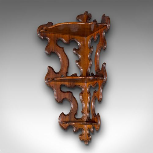 fig 3. Antique 3 Tier Hanging Whatnot, English, Rosewood, Corner Wall Shelf, Victorian