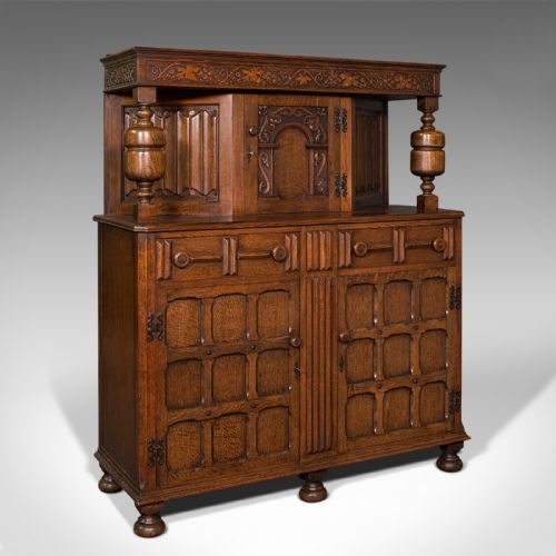 Antique Carved Court Cabinet, English, Oak, Sideboard, Jacobean Revival, C.1910