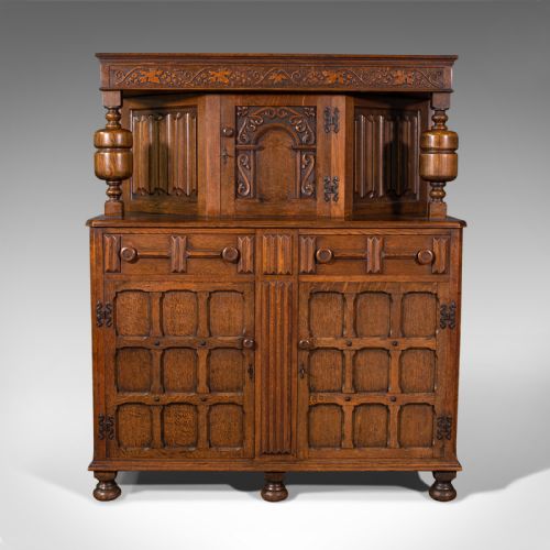 fig 1. Antique Carved Court Cabinet, English, Oak, Sideboard, Jacobean Revival, C.1910