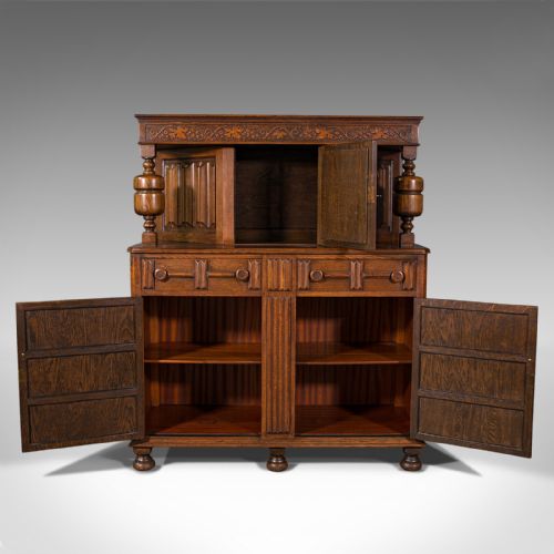 fig 2. Antique Carved Court Cabinet, English, Oak, Sideboard, Jacobean Revival, C.1910