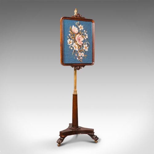 ANTIQUE FIRESIDE POLE SCREEN ENGLISH ROSEWOOD NEEDLEPOINT WILLIAM IV C1830