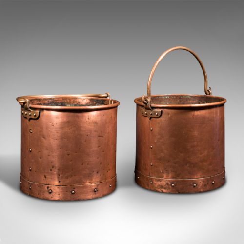 Pair of Antique Fireside Bins, English, Copper, Coal, Fire Bucket, Victorian