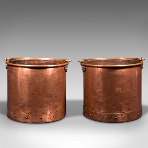 fig 1. Pair Of Antique Fireside Bins, English, Copper, Coal, Fire Bucket, Victorian