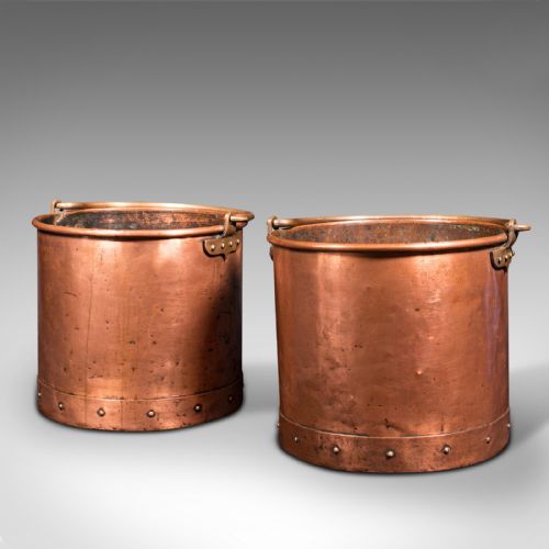 fig 2. Pair Of Antique Fireside Bins, English, Copper, Coal, Fire Bucket, Victorian
