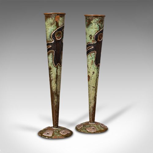 Pair of Antique Flute Vases, French, Copper, Posy, Art Nouveau Taste, Circa 1920