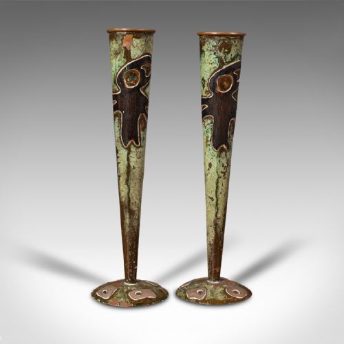 fig 1. Pair Of Antique Flute Vases, French, Copper, Posy, Art Nouveau Taste, Circa 1920