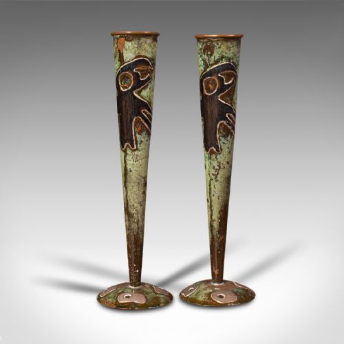 fig 2. Pair Of Antique Flute Vases, French, Copper, Posy, Art Nouveau Taste, Circa 1920