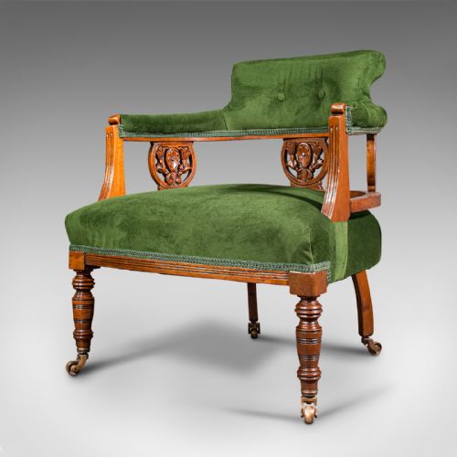 fig 3. Antique Tub Chair, English, Velvet, Mahogany, Elbow, Seat, Edwardian, Circa 1910