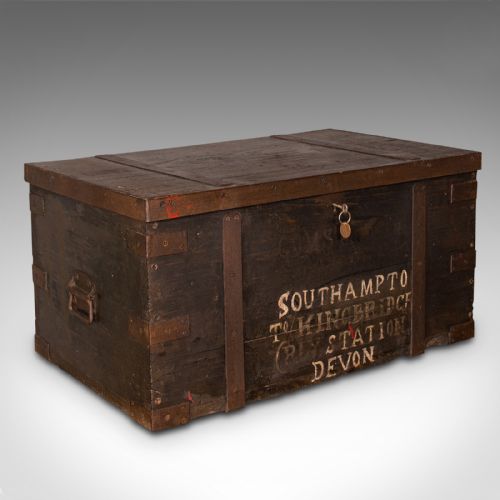 Antique Steamer Trunk, English, Pine, Iron, Carriage Chest, Victorian, C.1860