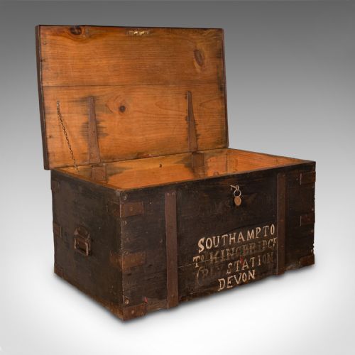 fig 1. Antique Steamer Trunk, English, Pine, Iron, Carriage Chest, Victorian, C.1860