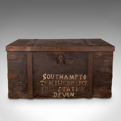 fig 2. Antique Steamer Trunk, English, Pine, Iron, Carriage Chest, Victorian, C.1860