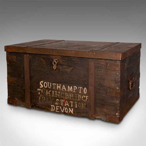 fig 3. Antique Steamer Trunk, English, Pine, Iron, Carriage Chest, Victorian, C.1860