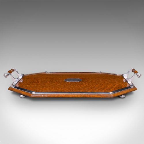 fig 1. Antique Presentation Tray, English, Oak, Silver Plate, Tea, Serving, Edwardian