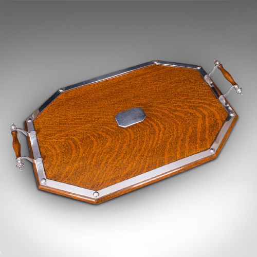 fig 4. Antique Presentation Tray, English, Oak, Silver Plate, Tea, Serving, Edwardian