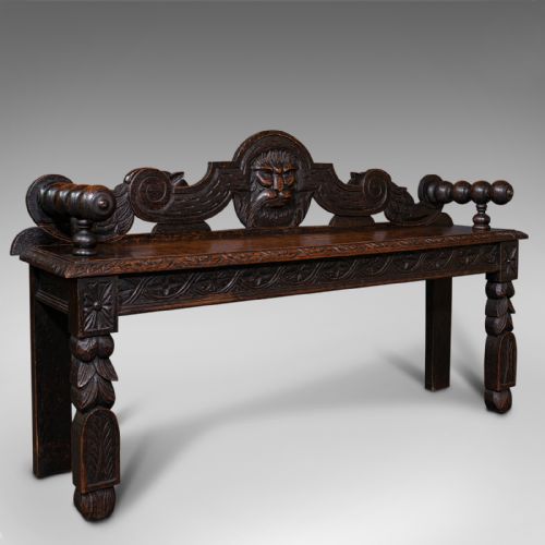 Antique Gothic Bench, Scottish, Oak, Love Seat, Hall Pew, Victorian, Circa 1850