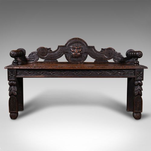 fig 1. Antique Gothic Bench, Scottish, Oak, Love Seat, Hall Pew, Victorian, Circa 1850