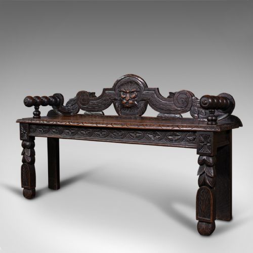 fig 3. Antique Gothic Bench, Scottish, Oak, Love Seat, Hall Pew, Victorian, Circa 1850