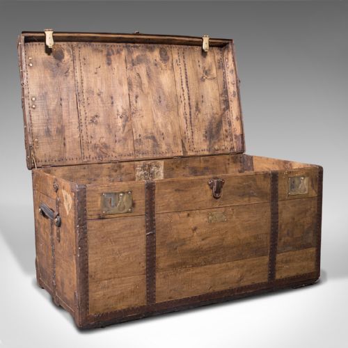 fig 1. Large Antique Steamer Trunk, English, Pine, Travel, Shipping Chest, Victorian