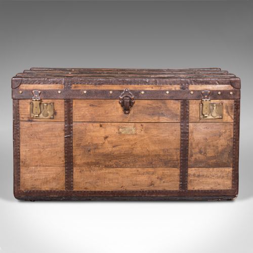 fig 3. Large Antique Steamer Trunk, English, Pine, Travel, Shipping Chest, Victorian