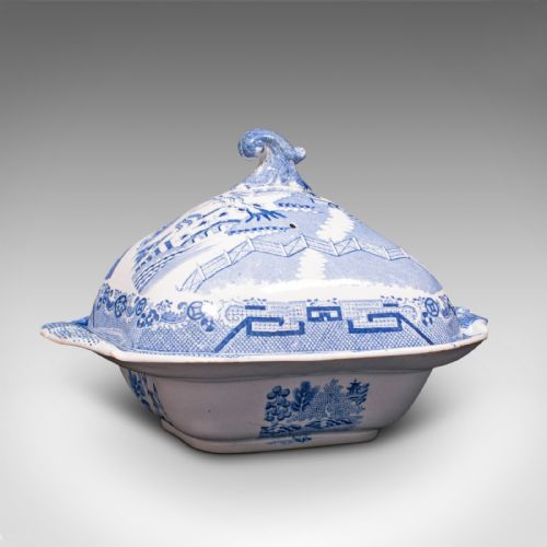 Antique Pea Keeper, English, Ceramic, Serving Tureen, After Delft, Victorian