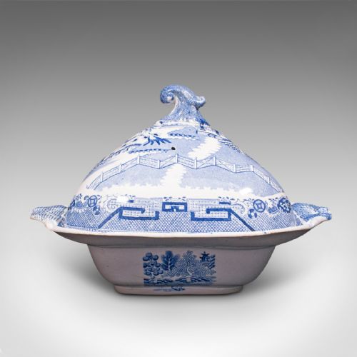 fig 1. Antique Pea Keeper, English, Ceramic, Serving Tureen, After Delft, Victorian