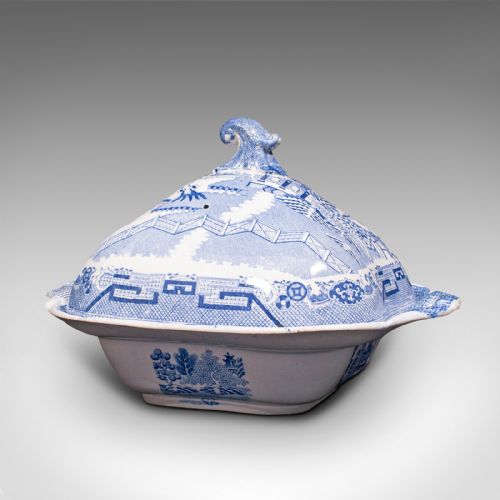 fig 2. Antique Pea Keeper, English, Ceramic, Serving Tureen, After Delft, Victorian