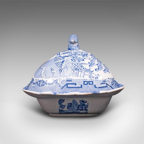 fig 3. Antique Pea Keeper, English, Ceramic, Serving Tureen, After Delft, Victorian