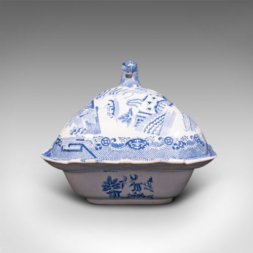 fig 4. Antique Pea Keeper, English, Ceramic, Serving Tureen, After Delft, Victorian