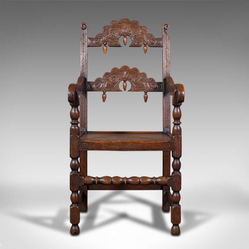 fig 1. Antique Carved Elbow Chair, Oak, Side, Hall Seat, Jacobean Revival, Victorian