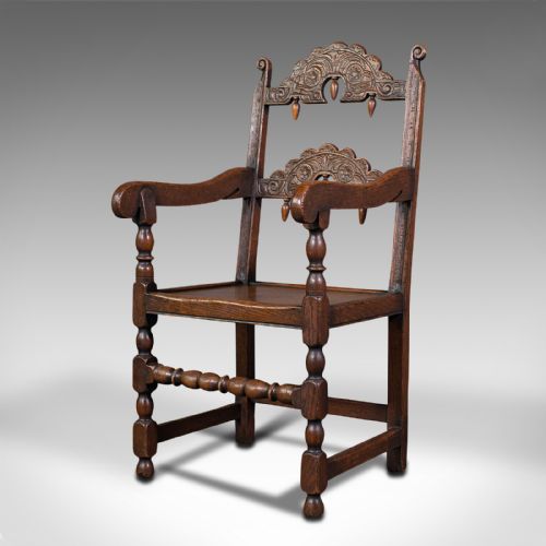 fig 2. Antique Carved Elbow Chair, Oak, Side, Hall Seat, Jacobean Revival, Victorian