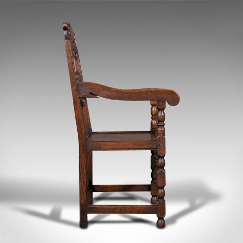 fig 3. Antique Carved Elbow Chair, Oak, Side, Hall Seat, Jacobean Revival, Victorian