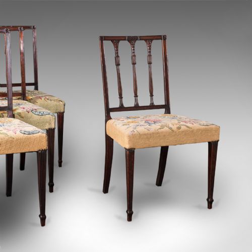 Set of 4 Antique Embroidered Chairs, English, Dining Seat, After Sheraton, 1780