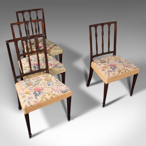fig 6. Set Of 4 Antique Embroidered Chairs, English, Dining Seat, After Sheraton, 1780