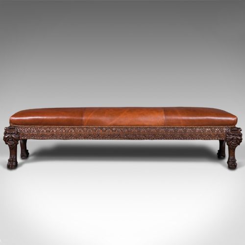 fig 1. Antique Gothic Window Seat, Italian, Oak, Leather, Bench, Hall, Pew, Victorian
