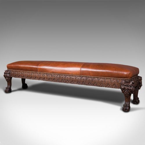 fig 2. Antique Gothic Window Seat, Italian, Oak, Leather, Bench, Hall, Pew, Victorian
