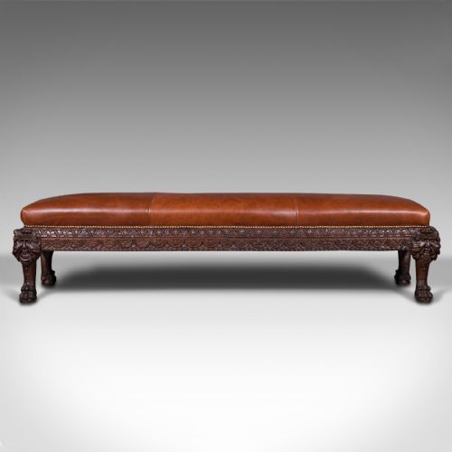 fig 3. Antique Gothic Window Seat, Italian, Oak, Leather, Bench, Hall, Pew, Victorian