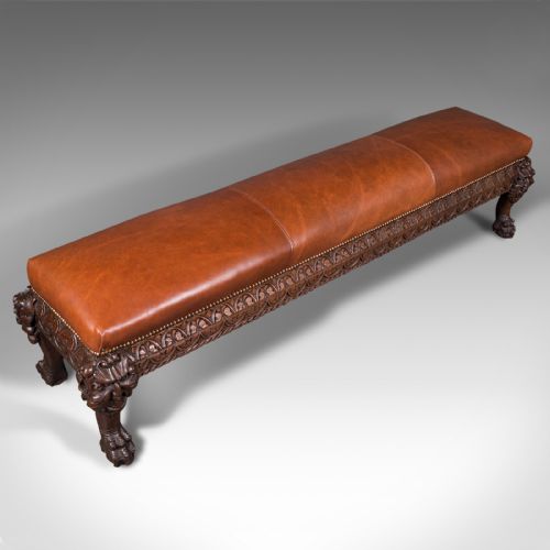 fig 4. Antique Gothic Window Seat, Italian, Oak, Leather, Bench, Hall, Pew, Victorian