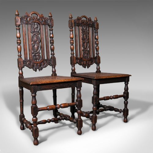 Antique Carved Hall Chairs, Pair Of, Scottish, Oak, Decorative, Side Seat, Victorian